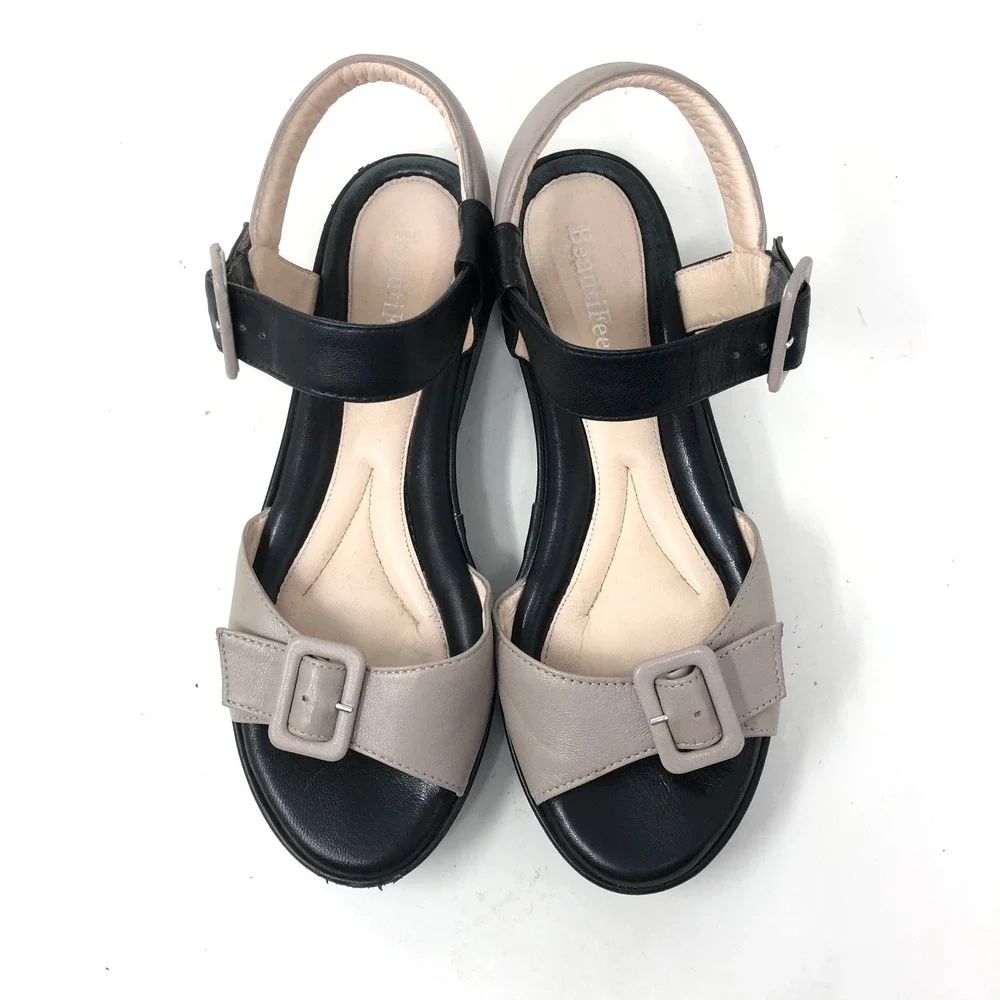 BeautiFeel Womens Size 37 Jo Platform Sandals Black Beige Buckle Strap Comfort
